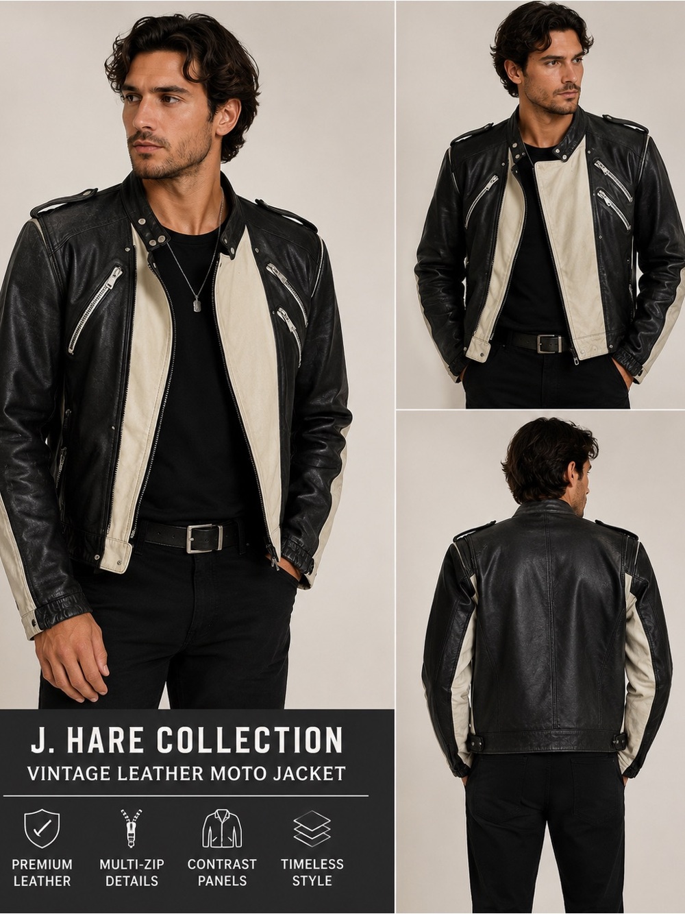 J. Hare Black & Cream Contrast Leather Moto Jacket - Men